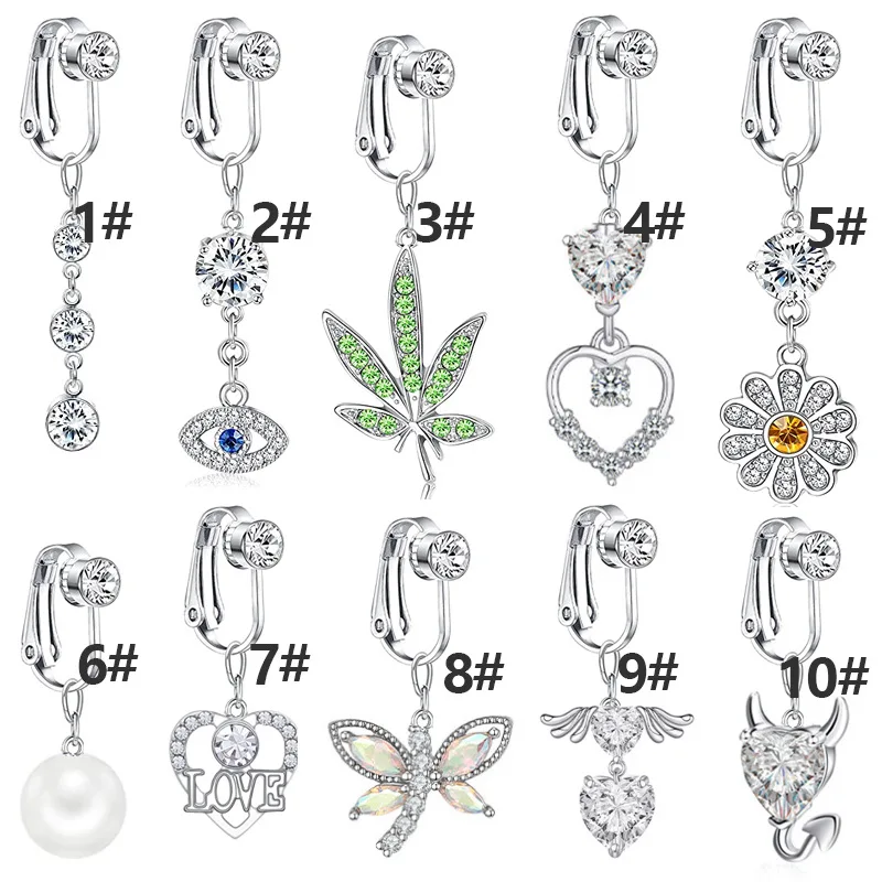 YICAI Crystal Heart Butterfly Dangling Navel Rings CZ Clip on Earring Non Piercing Dangle Fake Belly Piercing Jewelry