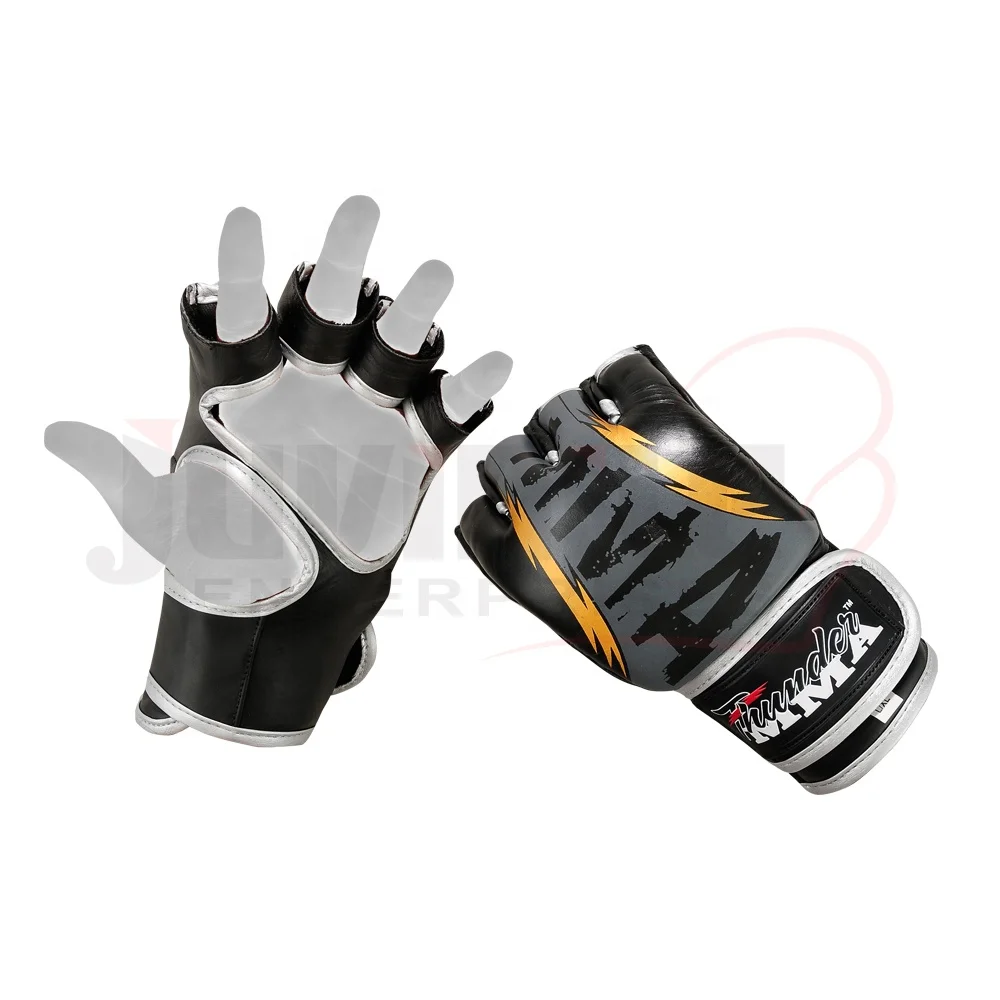 Custom Grey and black Half Finger Full Grappling Pro MMA Gloves leather boxing mma gloves with logo by juvinile enterprises