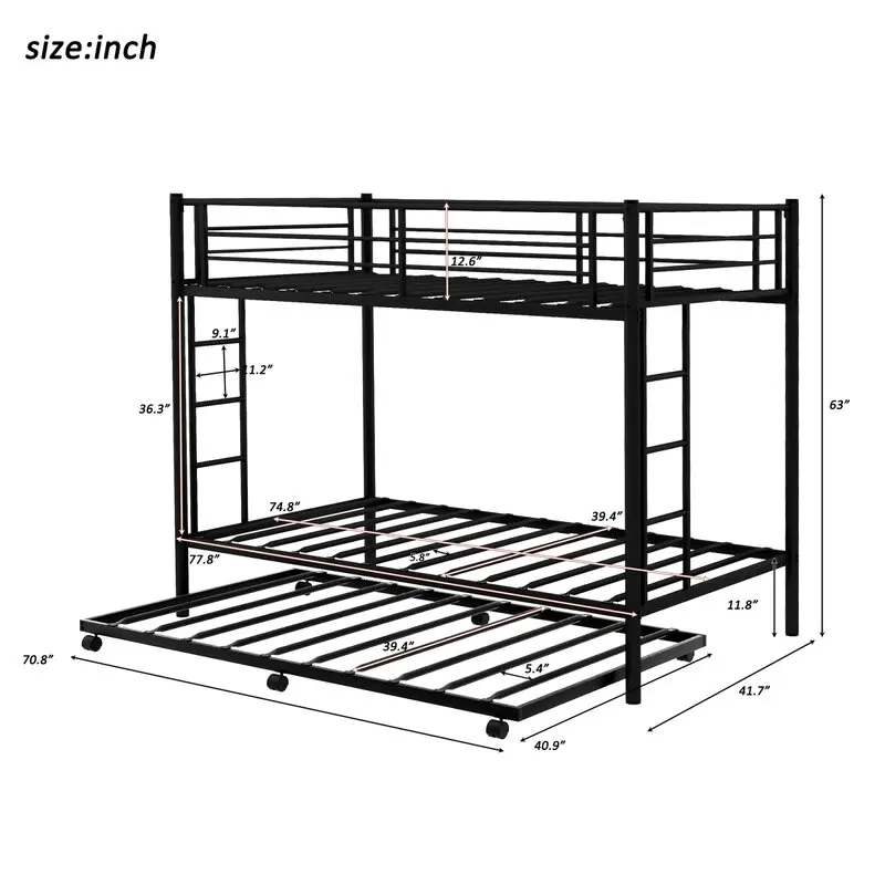 White Wrought Iron Bed Kids Double Twin Single Metal Bunk Bed with Trundle