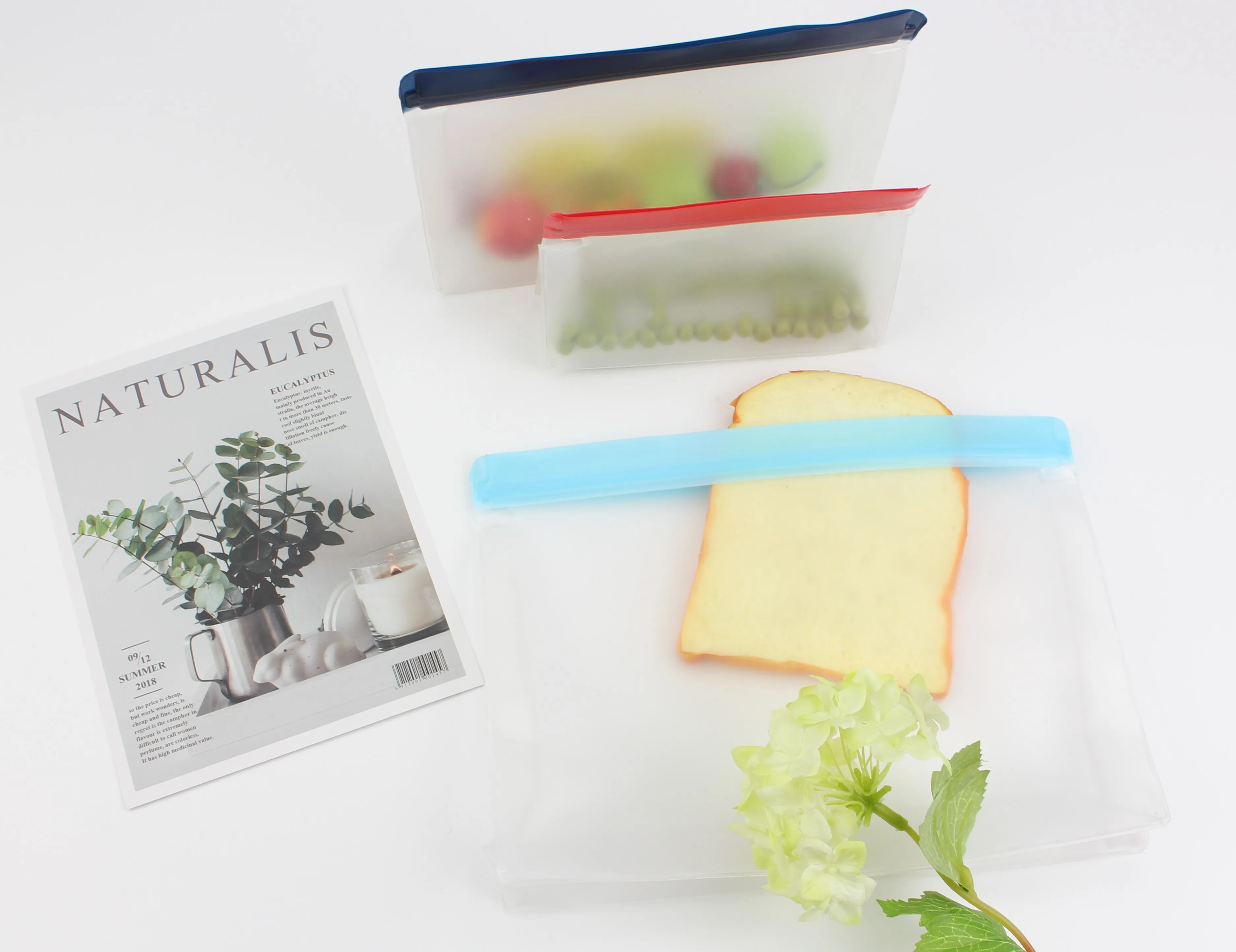 PEVA Reusable Storage Bags Environmental protection Stand-up Food Bags For Lunch Sandwich Snacks
