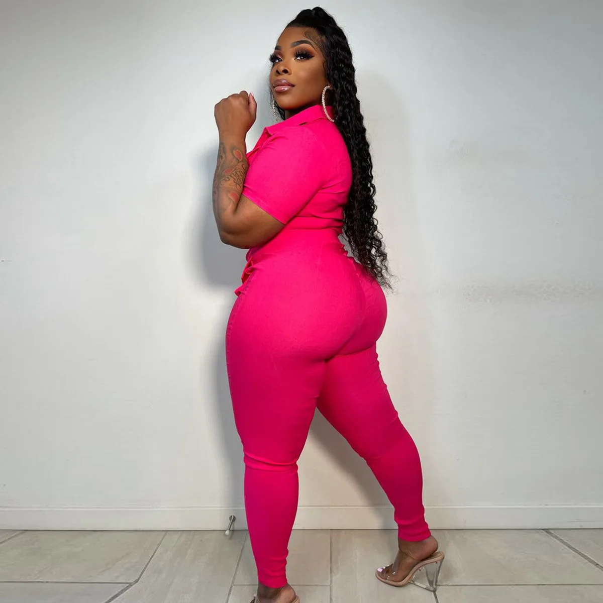 4x plus size jumpsuits with packet women playsuits with zipper Solid color short sleeve bodysuit