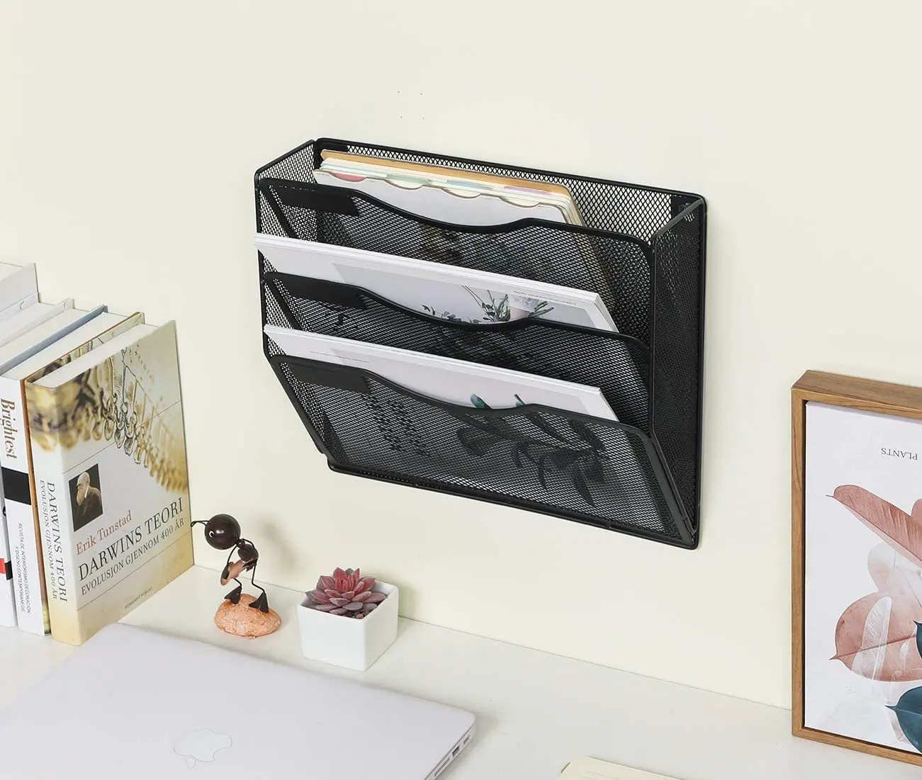 Office wall-mounted metal three-layer sharp-bottomed document and magazine sorting storage device