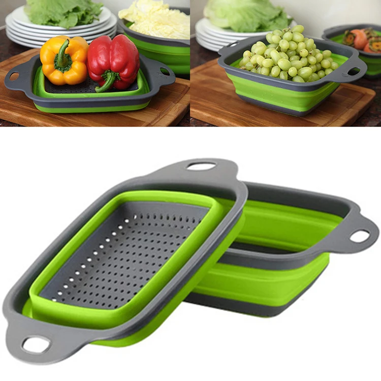 Foldable Vegetable And Fruit Kitchen Sink Pot Pasta Silicone Strainer With Handle