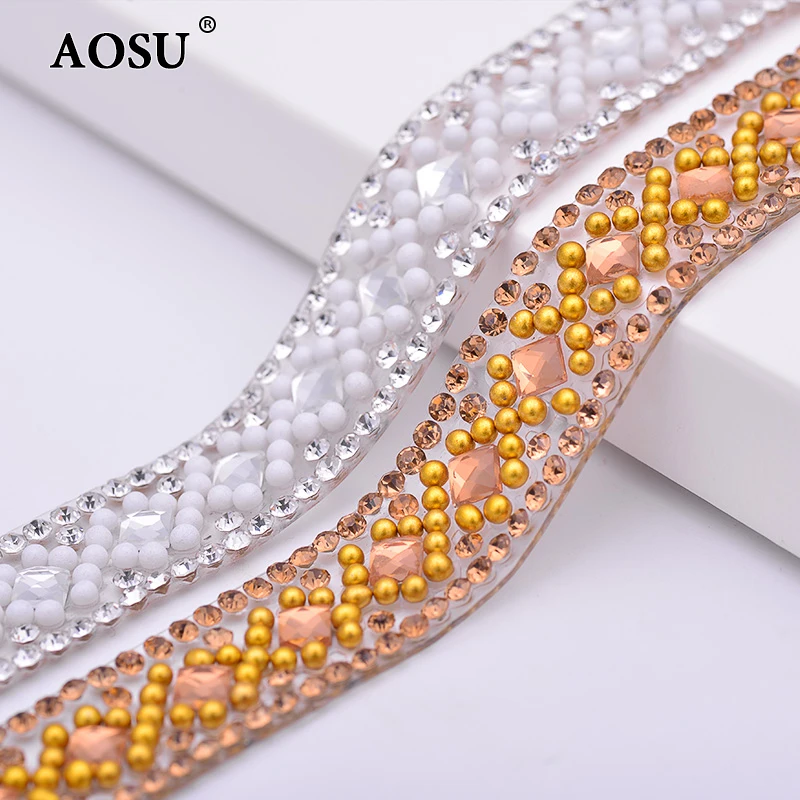 AOSU Wholesale 5 Yard*15mm Clear Color Hotfix Crystal Banding Glass Rhinestone Chain Rhinestone Trim For Dress
