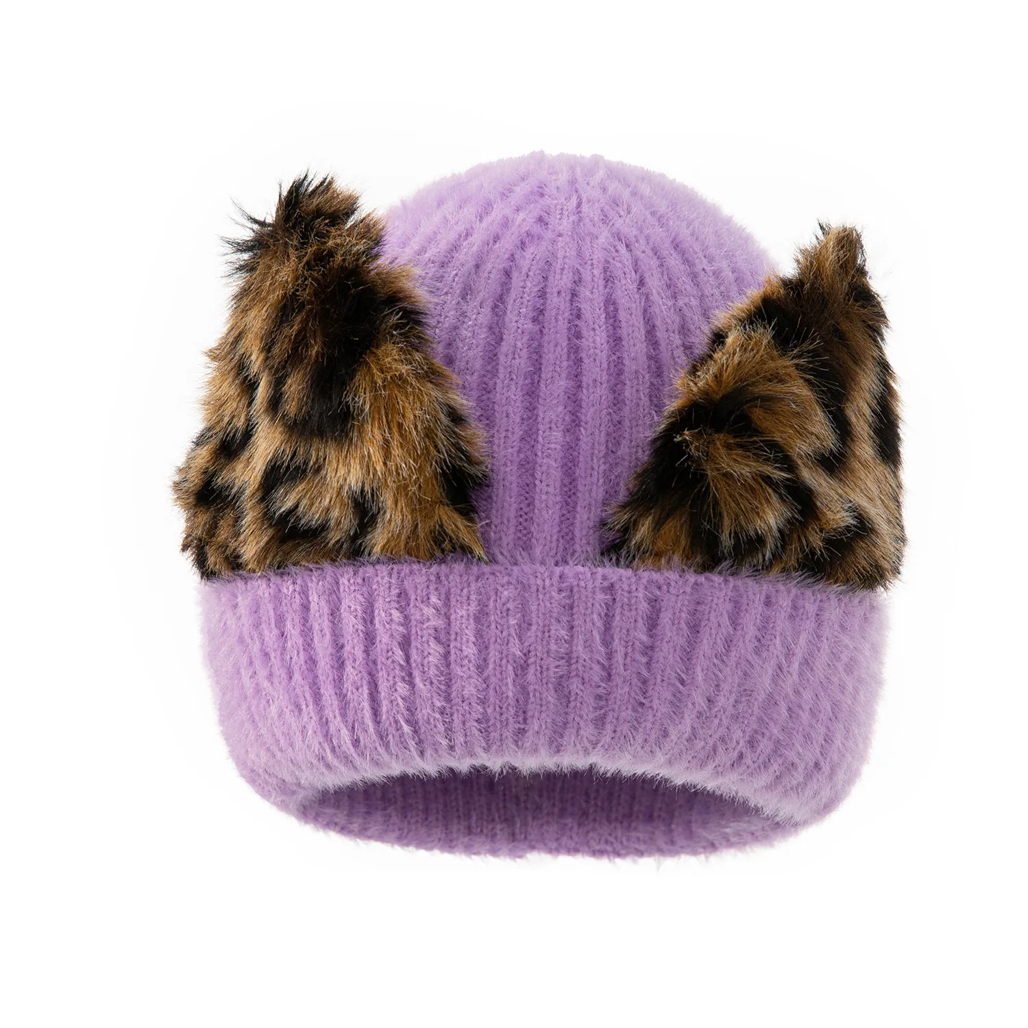 2022 New Fashion Cute Leopard Print Fur Ears Adult Hat Autumn Winter Ladies Warm Knitted Woolen Hat