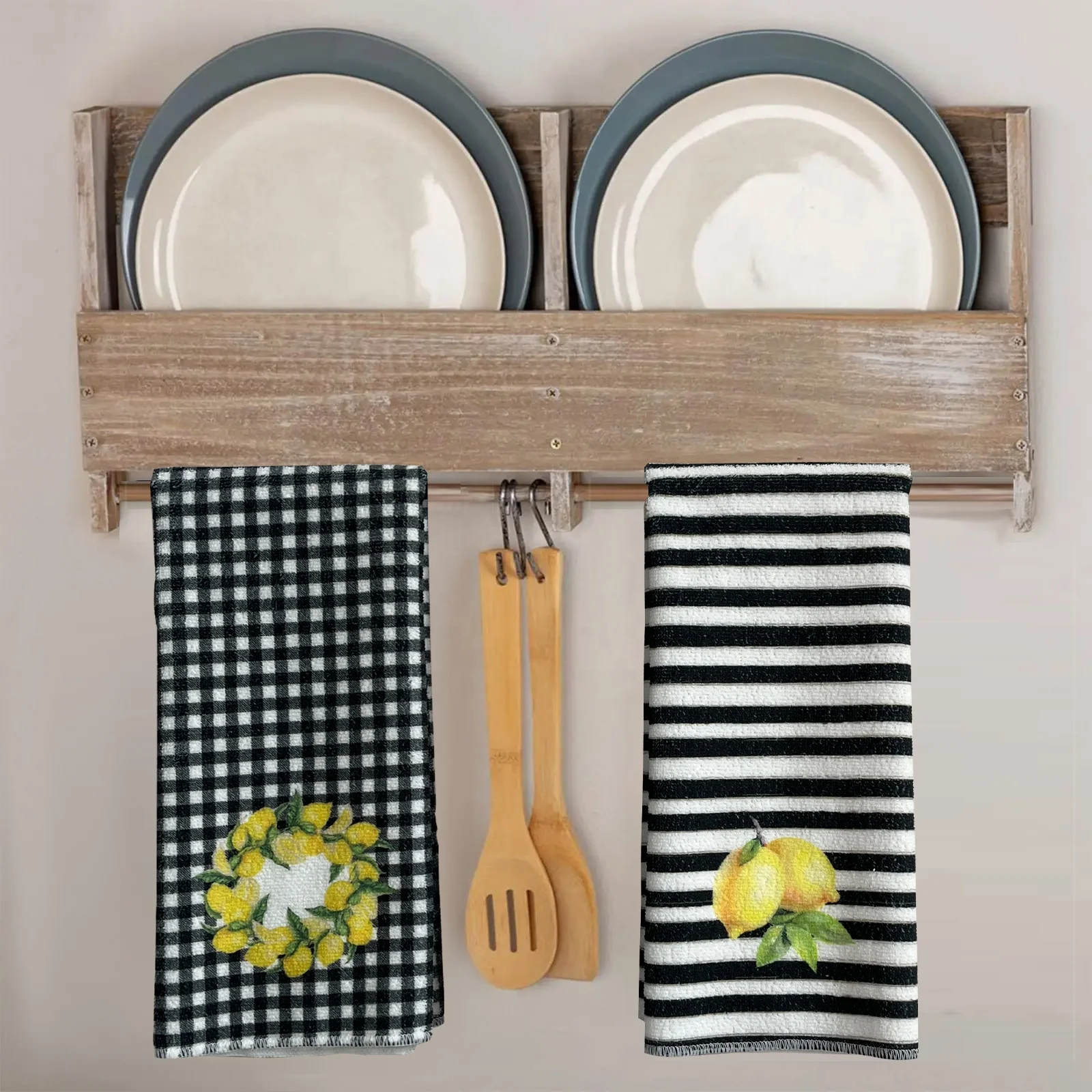 Wholesale Spring Lemon Gnome Buffalo Plaid Kitchen Dish Towels