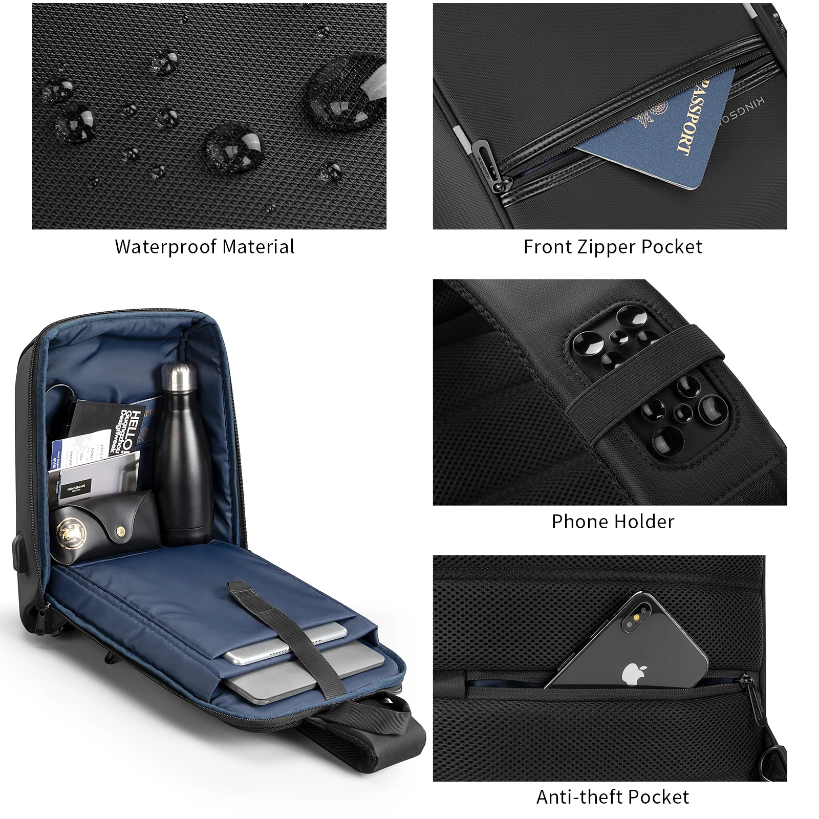 Kingsons Anti-Theft Backpack 13.3 Inch Large Capacity Waterproof Sling Shoulder Bag Chest Bag With TSA lock