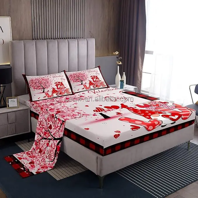 Valentine Day Bed Sheets Girls Red Heart-Shaped Romantic Fitted Sheet Girly Cute Heart Pattern Sheet Set For Child & Adult