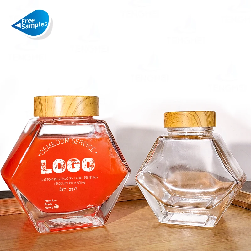 Hexagon Thick Clear 100ml 200ml 300ml Glass Jars Hexagonal Honey Jam Food Containers with Metal Plastic Screw Lids