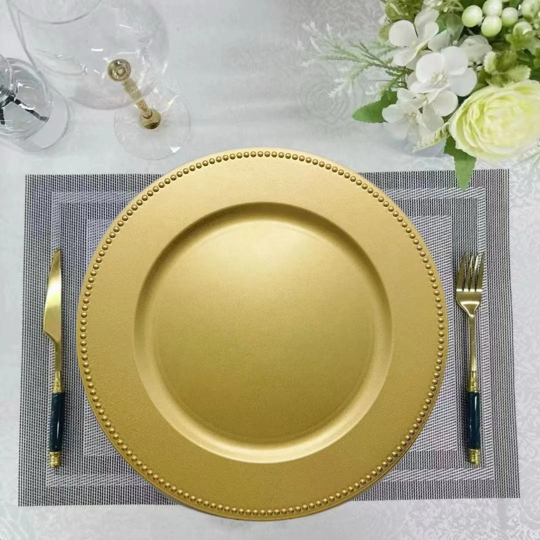 Reusable  Gold Plastic Beaded Charger Plates 13 Inch Round Wedding Party Decorative  Charger Plates