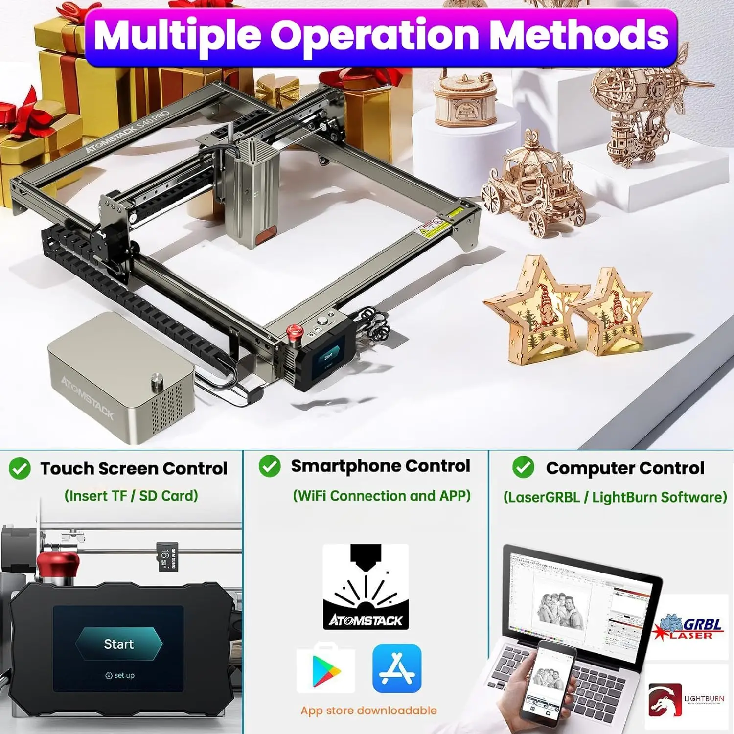 ATOMSTACK S40 A40 X40 Pro 210W Laser Engraving Machine With R3 PRO Rotary Roller and F3 Cut Plate For Carving Round Cylinder