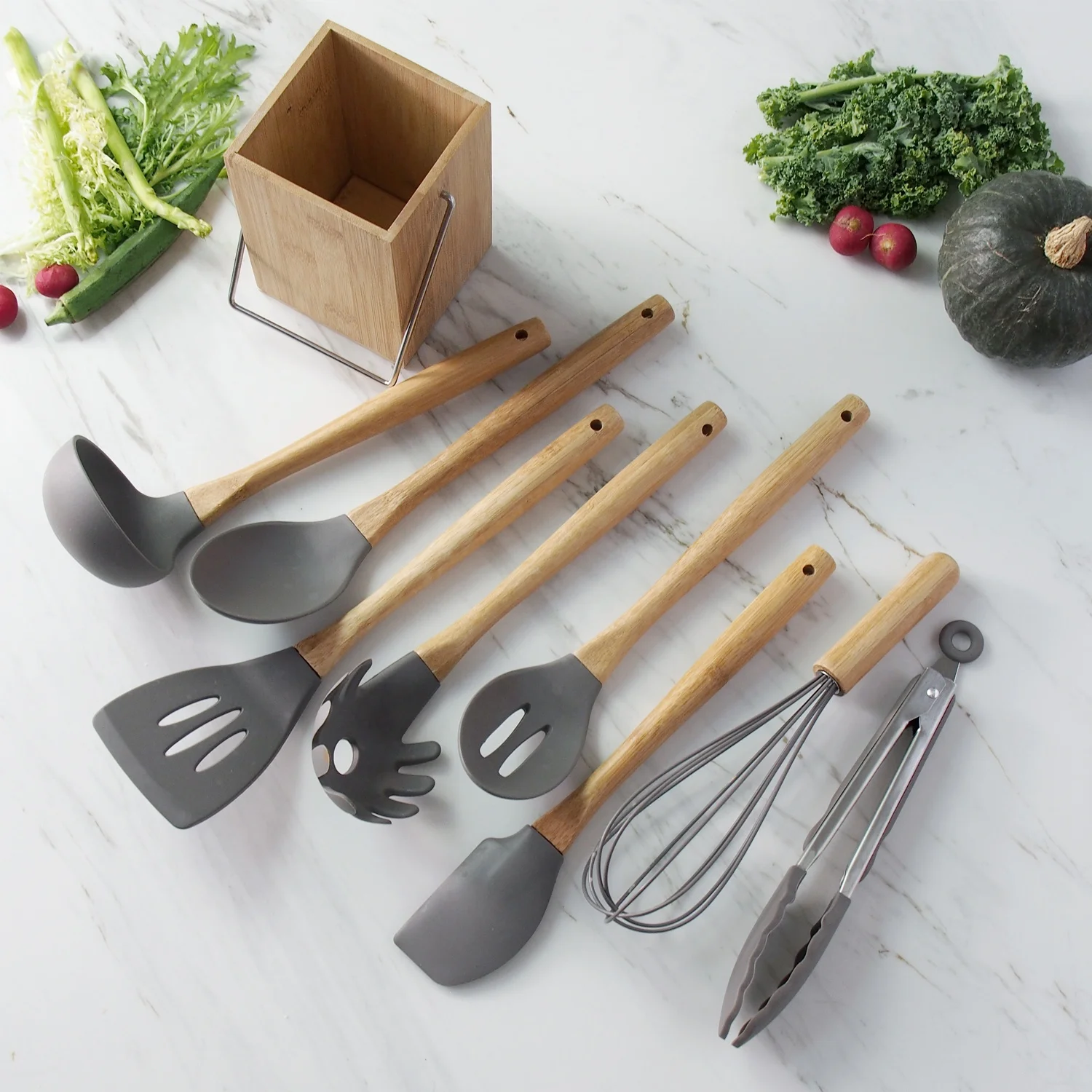 Набор силиконовой посуды из 9 предметов деревянная ручка бамбука для антипригарной с держателем