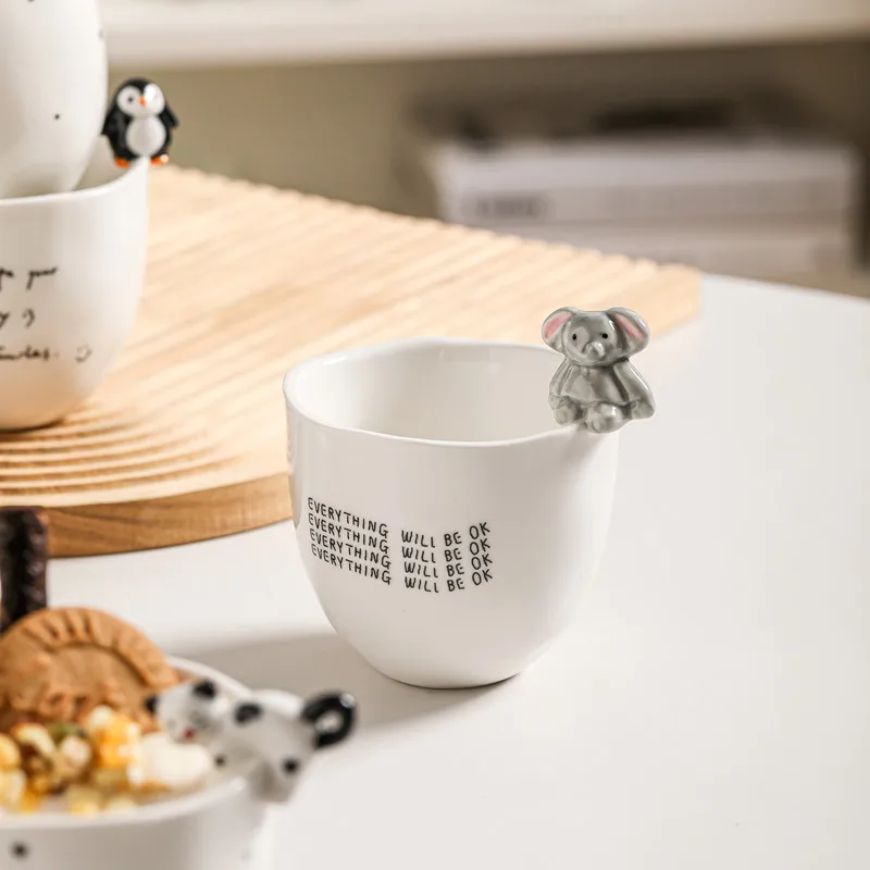 Smooth and Delicate Glaze Ceramic Coffee Mug Easy to Clean Porcelain Mug Cup Ideal Gift for Kid - Bunny,Cat,Elephant and Penguin