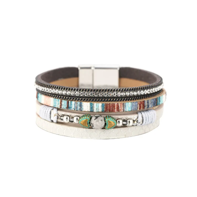 Amazon Hot Sale Multilayer Leather Bracelets with Magnetic Clasp Wide Mirco Pave Crystal Rhinestone Bohemian Wrap
