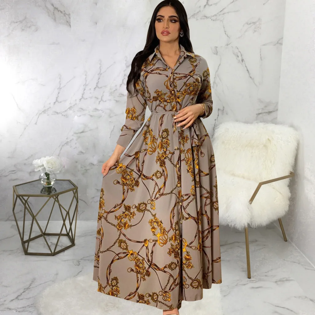 Latest Design Middle East Muslim Dress Indonesia Vintage Print Large Swing Skirt Shirt Dress Elegant Casual Dresses