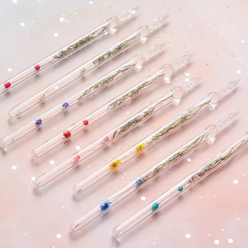 Calligraphy Writing Tools Empty Fountain Ink Pen Kits Creative DIY Liquid Flower Transparent Glass Dip Pen