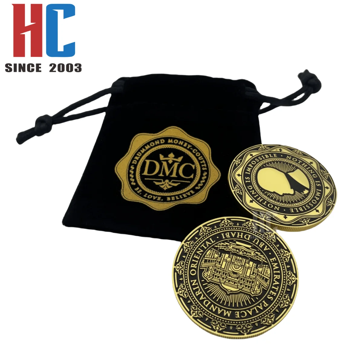20 Years  Factory Custom Business Gifts logo challenge souvenir metal coin  gold plated with velvet box