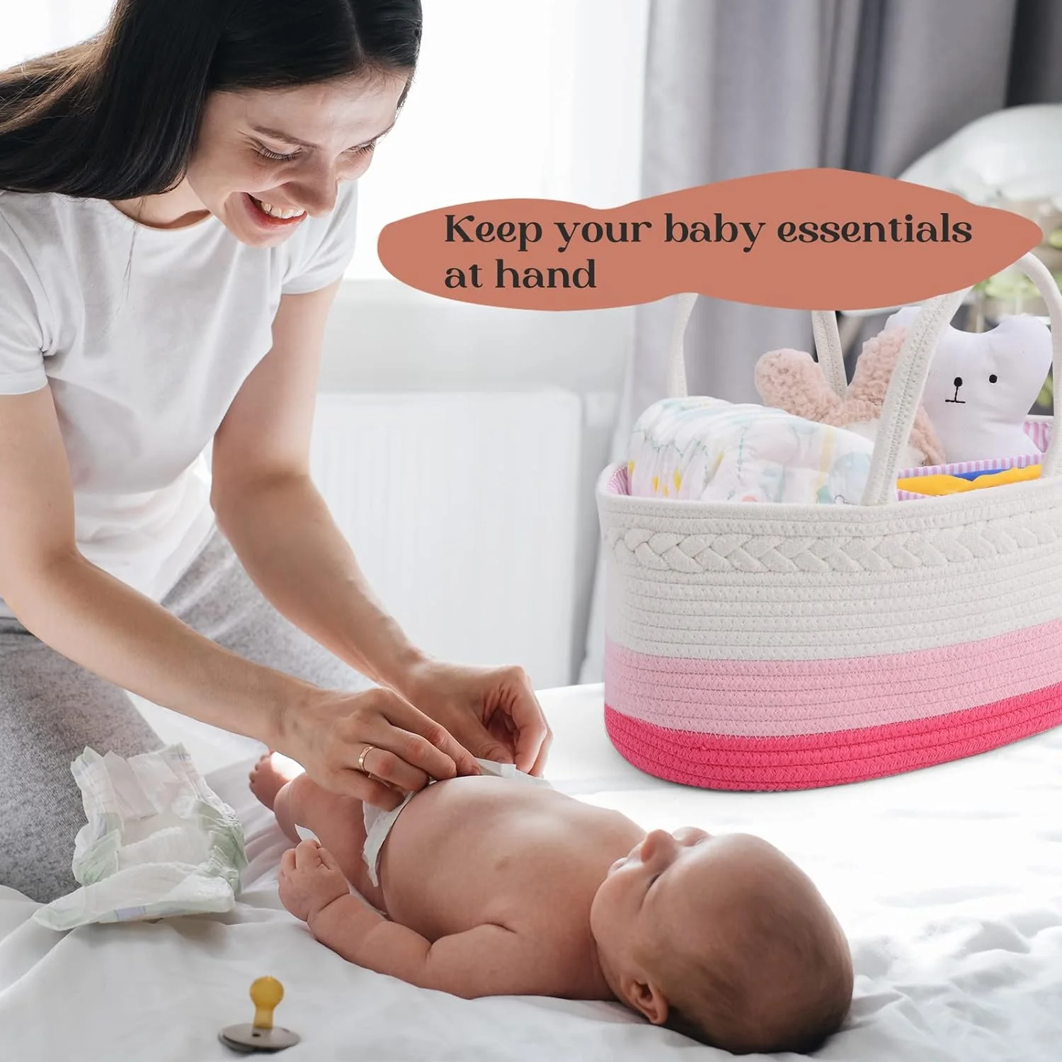 Baby Shower Gifts Baby Diaper Storage Pink Large Cotton Rope Nursery Basket Portable Car Organizer with Removable Divider Caddy