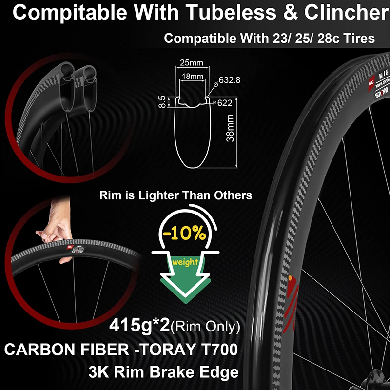 OEM/ODM BUCKLOS Carbon Fiber Wheelset 700C Road Bike V Brake Wheels 10/11 Speed 38mm 50mm Road Bicycle Carbon Rims Cycling Parts
