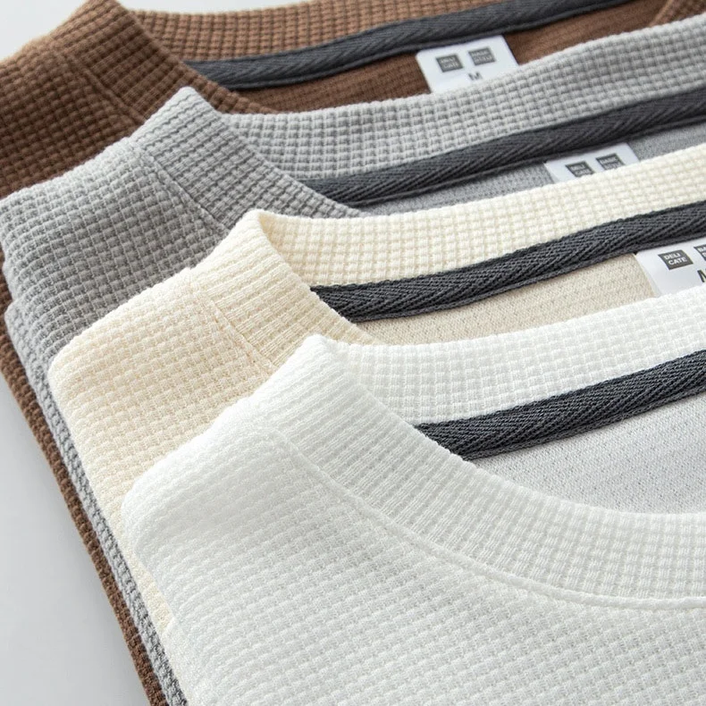 Custom long sleeve high quality cotton waffle knit t shirt heavyweight plain men shirt