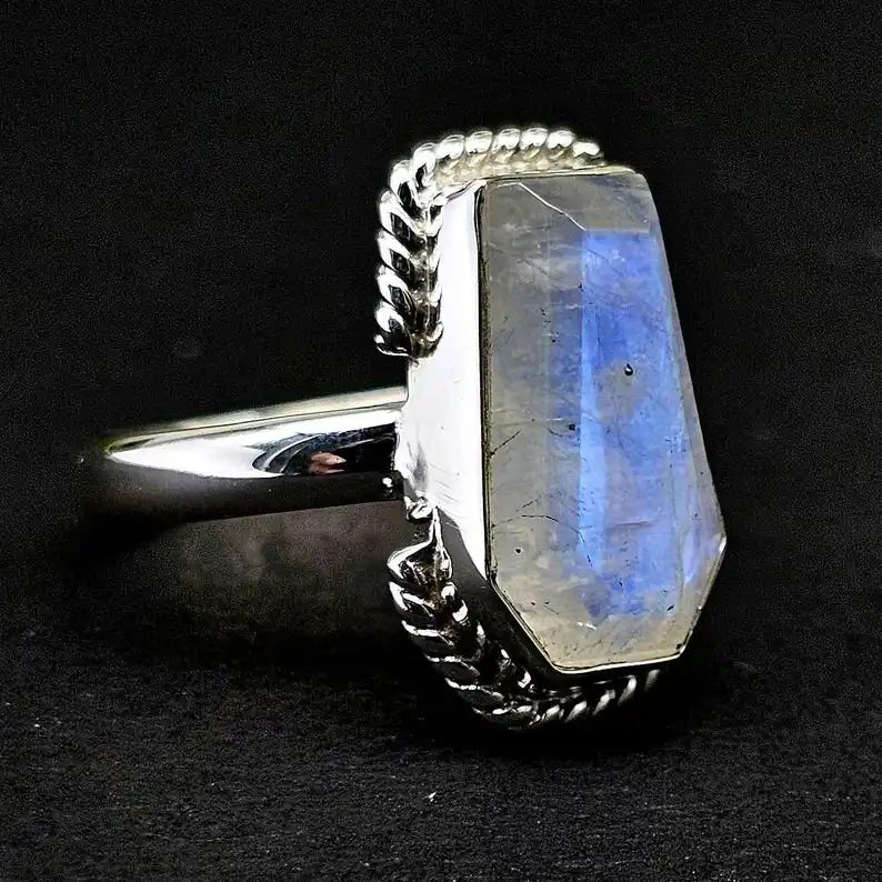Rainbow Moonstone Coffin Ring 925 Sterling Silver Ring Women Rainbow Moonstone  June Birthstone Ring Coffin Gemstone