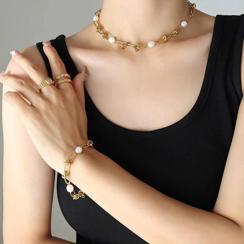 High quality Gold Plated Knot Link Chain Freshwater Pearl Necklace Stainless Steel Jewelry Wholesale