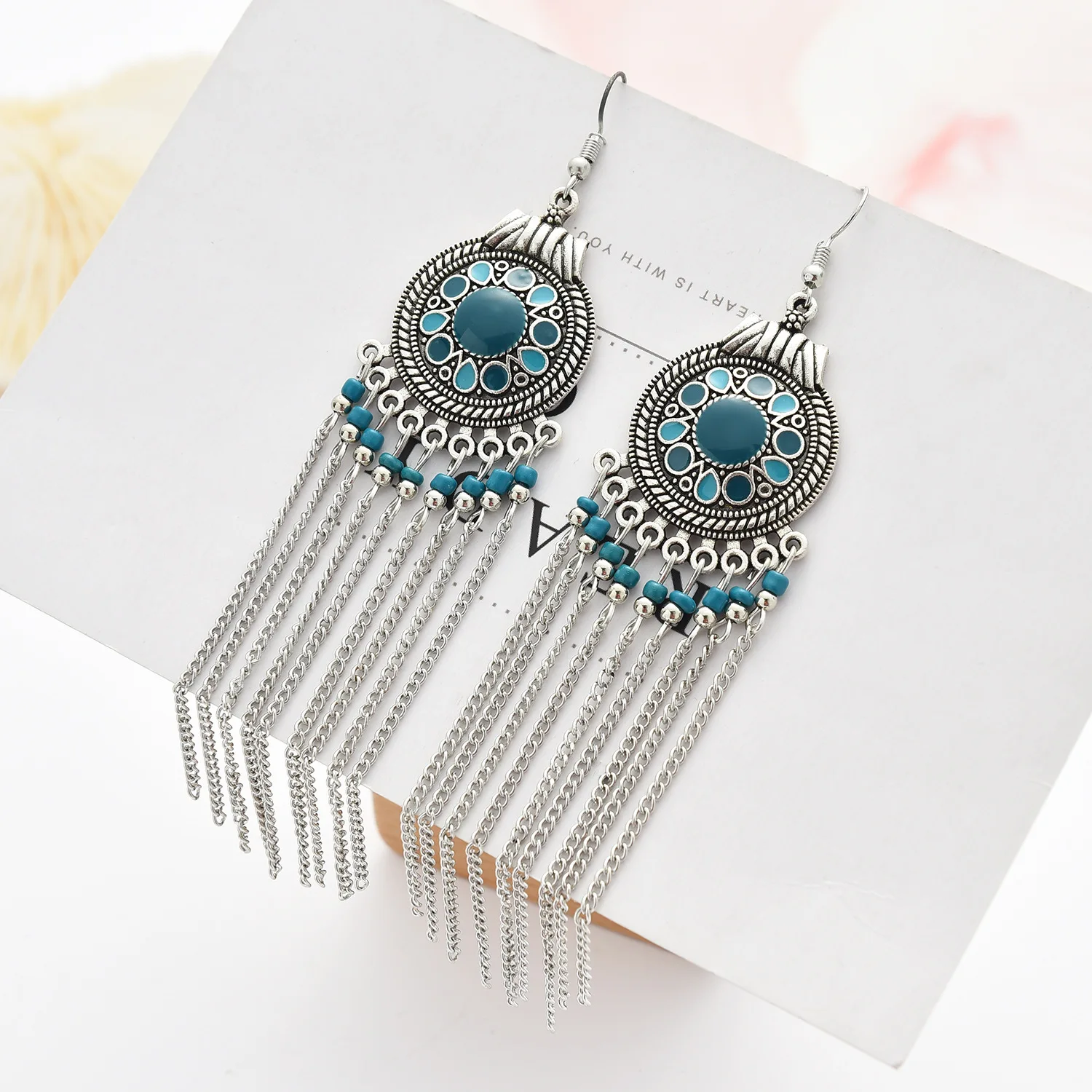 Vintage Tassel Earring Antique Silver Color Statement Ethnic Clover Enamel Drop Earring Bohemian Fashion Women Earring Jewelry