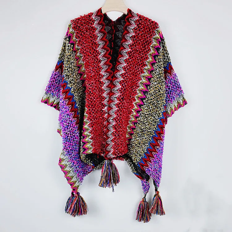 Newest Autumn Winter Warm Mohair Knitted Colored Tassel Shawl Cape Women Ethnic Sweater Ponchos