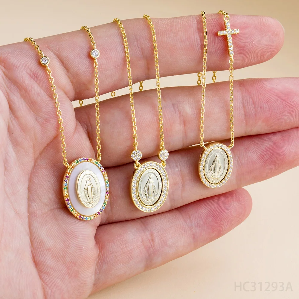 14k Yellow Gold Plated 925 Sterling Silver Jewelry Virgin Mary Pendant Necklace With Matching Bracelet