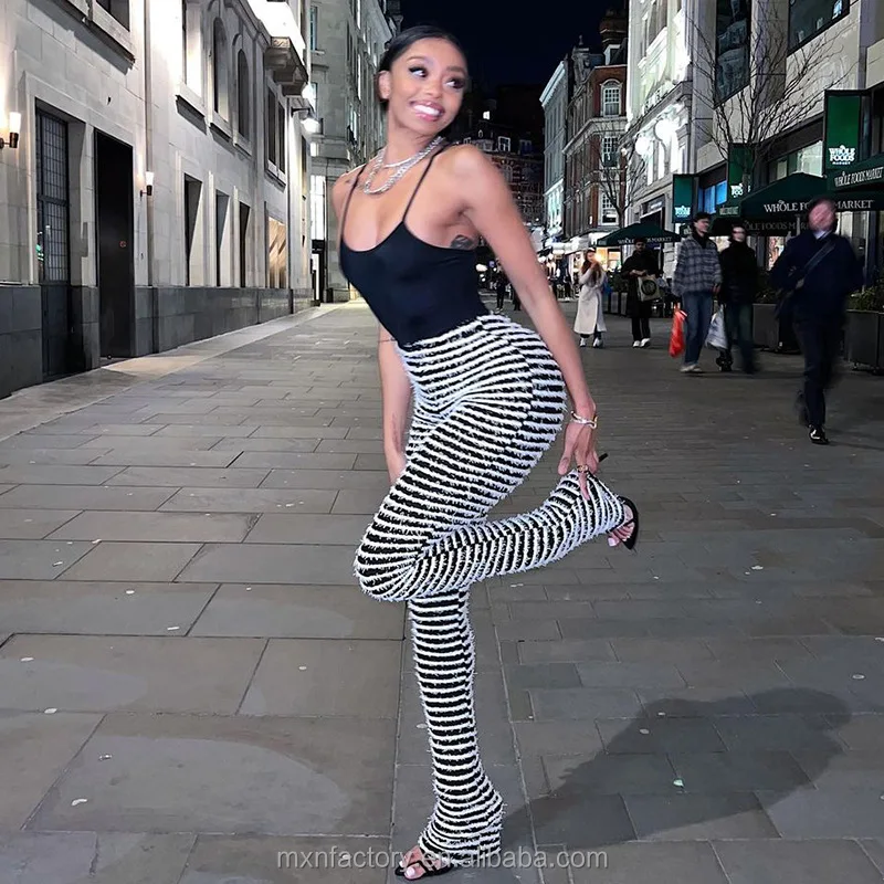 MXN Wool striped sexy slim trousers women winter fashion high waist hip-lifting casual pants for women