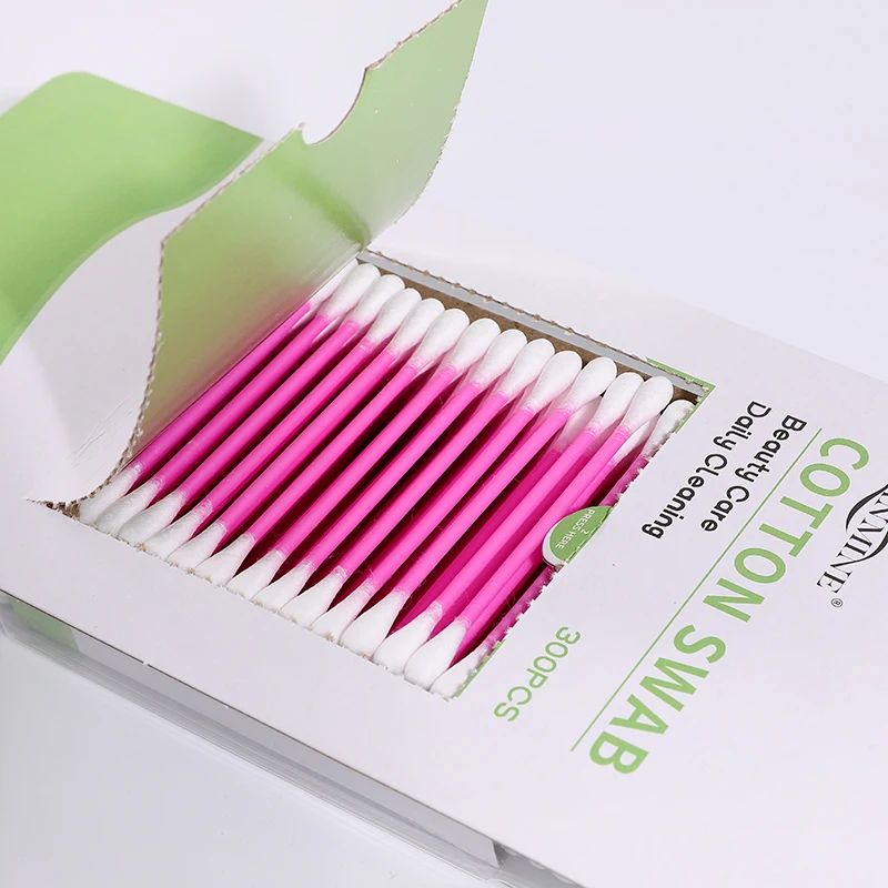 Reliable 300Pcs Pink Plastic Stick Cotton Buds With Suction Packaging Card for Delicate Applications and First Aid