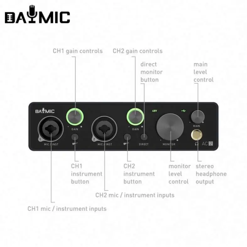 DAYMIC Professional X2 audio interface digital portable 48V microphone recordingm music 2 channel sound card
