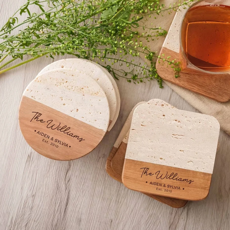 Custom Engraved Coaster Set Personalized Wood and Travertine Marble Coasters for Wedding Housewarming Holiday Gifts
