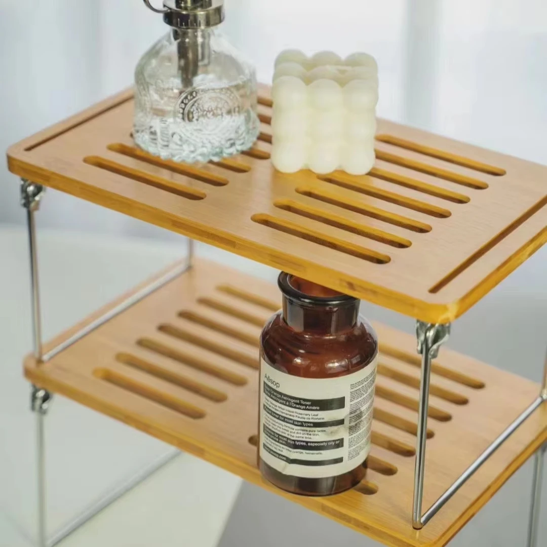 Wooden Dish Drying Holder Bamboo Plate Drainer 2 Tier Collapsible Dish Rack with Utensil Holder for Kitchen Counter