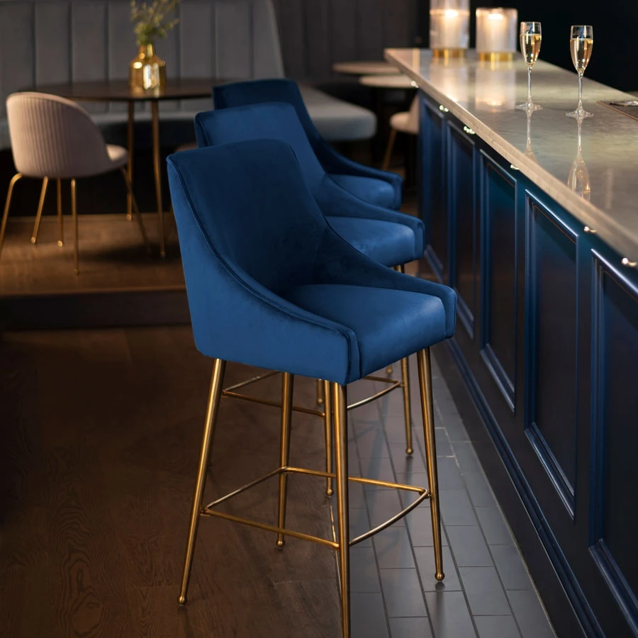 Amazon Hot sale Modern blue Velvet Fabric Upholstery furniture Floral Back Bar Chair Counter Stool metal legs high bar chair