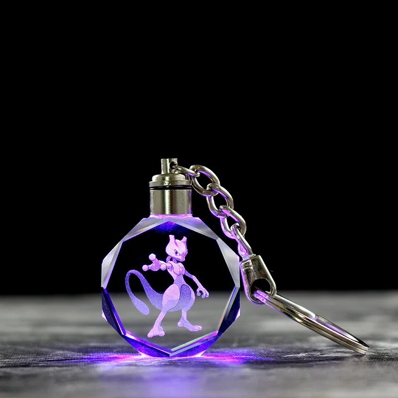 High Quality 2D Pokemon Go Characters Engraving Custom Car Company Logo Keychain Glass Led Flashing Light Keychain Wholesale