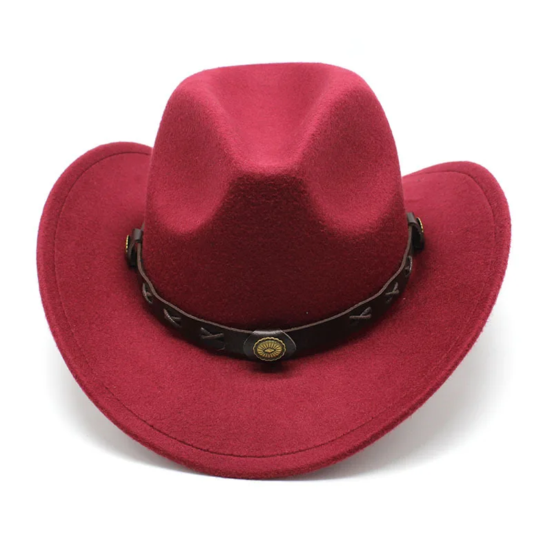 Men wool felt cowboy hat roll up brim fedora hat with PU ribbon