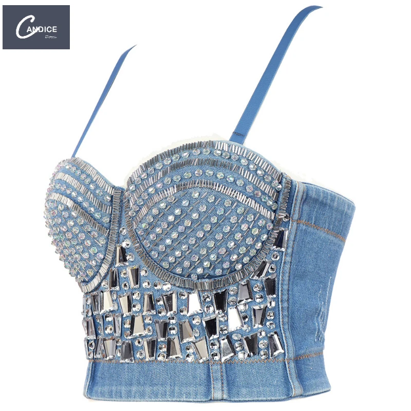 Candice beaded shaping celebrity fashion outerwear stage costumes padded camisole denim rhinestone corset top