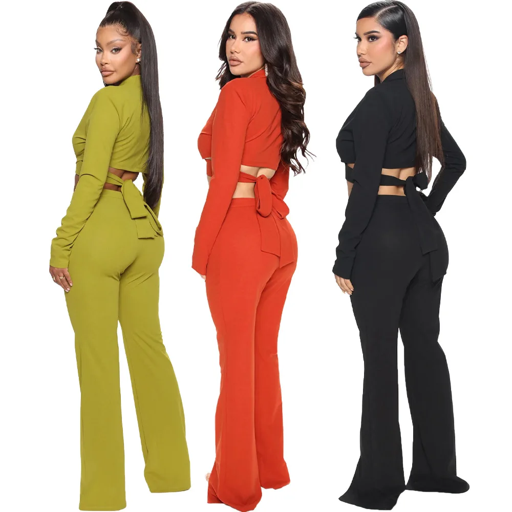 Fall 2022 Solid Blazers And Pants Two Piece Set Cross Straps Top Split Wide Leg Pants Two Piece Set Women Casual Clothing