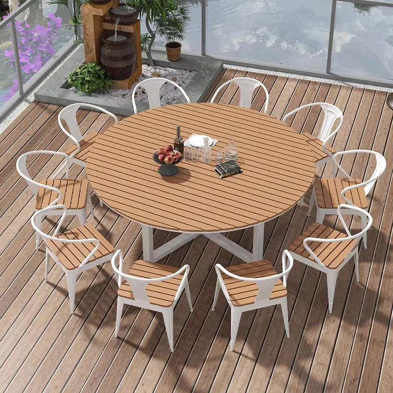 Round Outdoor Dining Table Set Plastic Wood Outdoor Tables for Restaurant and Dining Room in Garden Tables and Chairs sets