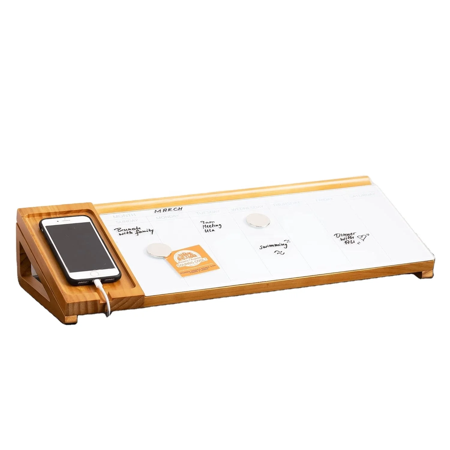 Whiteboard Desk Planner with Magnetic White Glass Calendar Wooden Memo and Desk Board