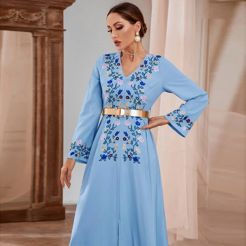 Fashion Middle East Muslim Dress 2023 Autumn New V-neck Floral Embroidery Slim Dress Empire Waist With Belt