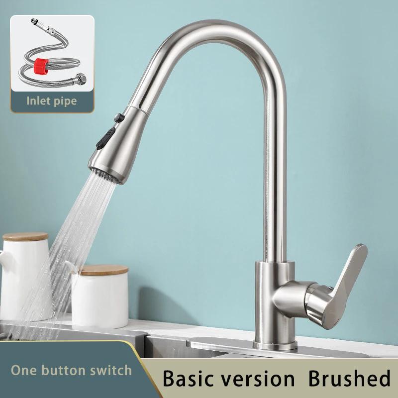 Hole sink long neck brass chrome black smart cold and hot sink deck mounted handle pull out spray brass mixer tap kitchen faucet