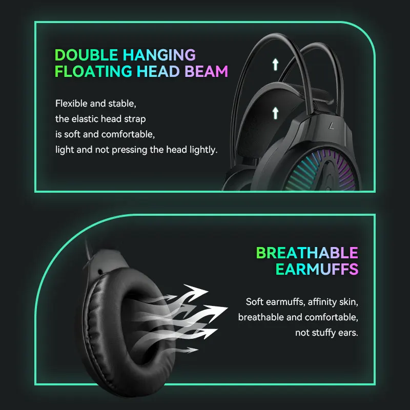 Customized gaming headset high quality over-ear Headphones wired USB LED light earphone gamer headset with microphone for pc