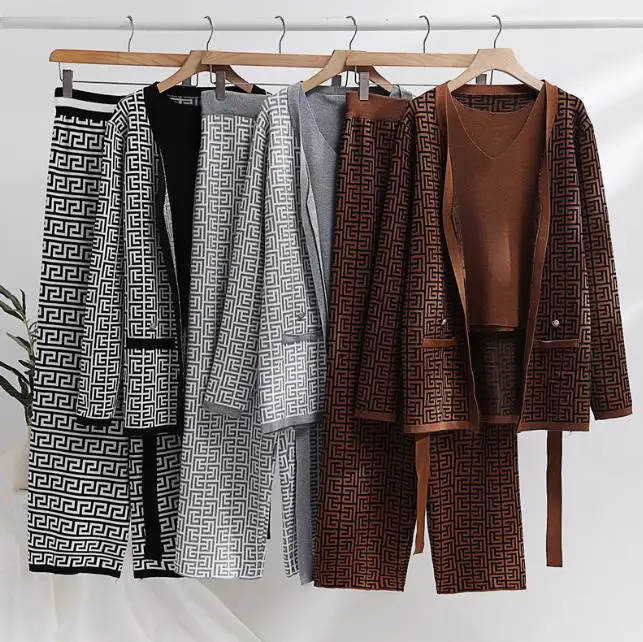 Spring Autumn Set Women Fashion Back Jacquard Coat Vest Knitted Pants Three Piece Suit Ladies 3 Pieces Knitting Set