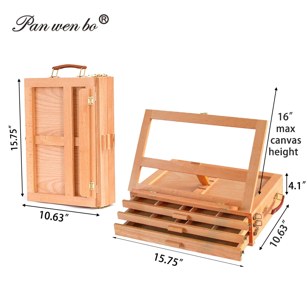 Panwenbo Art Supply Adjustable Wooden 3-Drawer Storage Box Easel Premium Beechwood Portable Wood Artist Desktop Easel