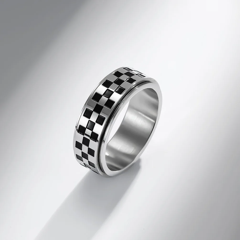 High Quality 8mm Stainless Steel Black and White Check F1 Racing Rotatable Fidget Band Anti Anxiety Stress Relief Spinner Rings