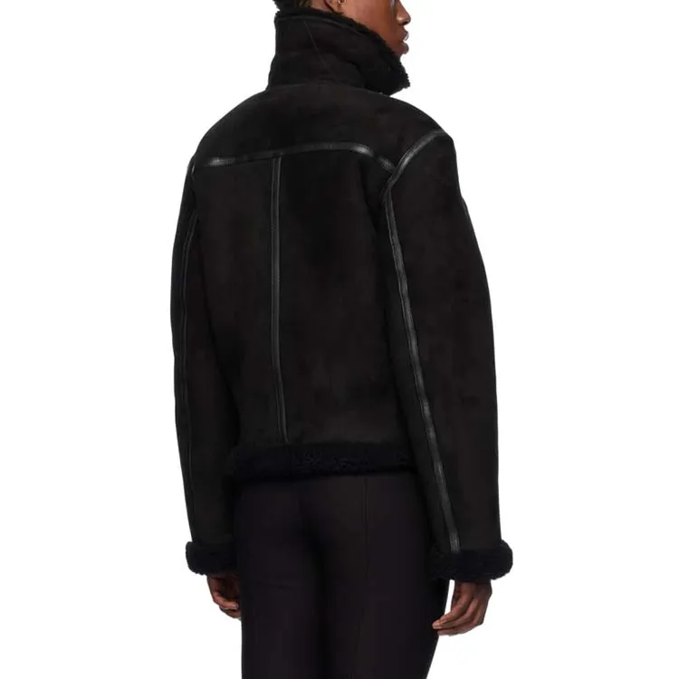 Black Leather Jacket Luxury oem custom fur jacket comfortable warm Lambskin suede jacket shearling trim 2023