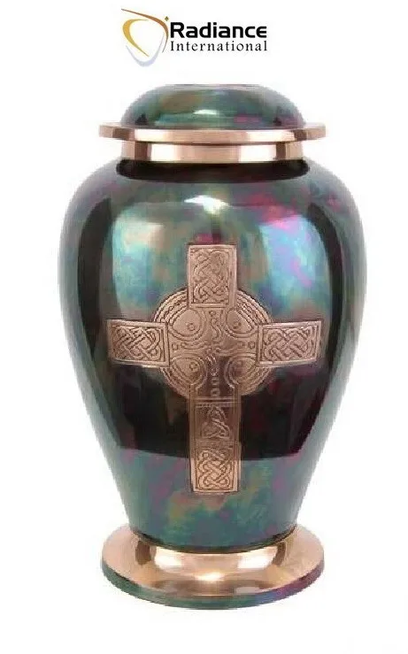 Solid Celtic Cross Raku Brass Cremation Urn Modern American Adult Funeral Ashes Memorial Colorful Velvet Adult Human Remains