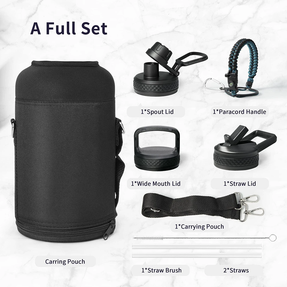 64oz Thermos Wattle Bottle Half Gallon Food-grade Double Wall Vacuum Stainless Steel Insulated Jug With Straw Spout Handle Lids